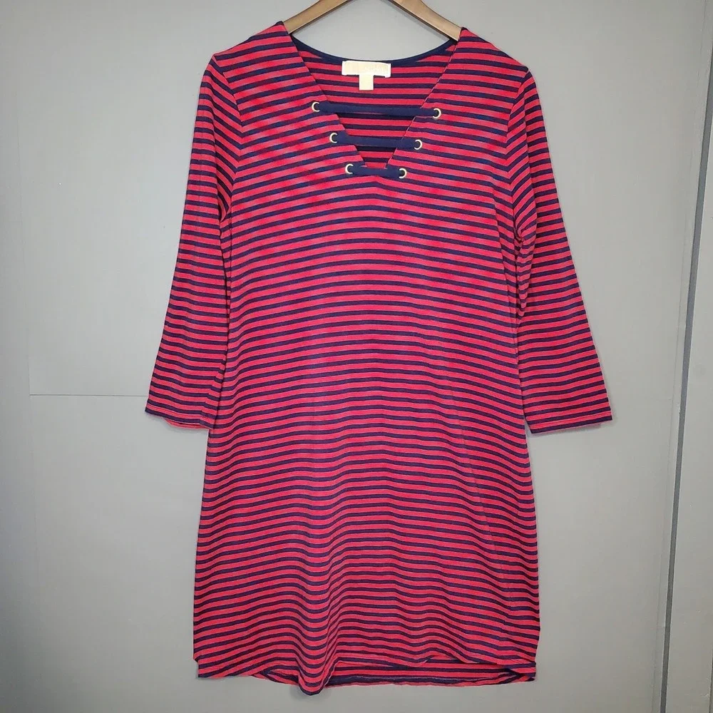 Michael Kors Red Navy Striped Lace Up V-Neck 3/4 Sleeve Shift‎ Dress Medium